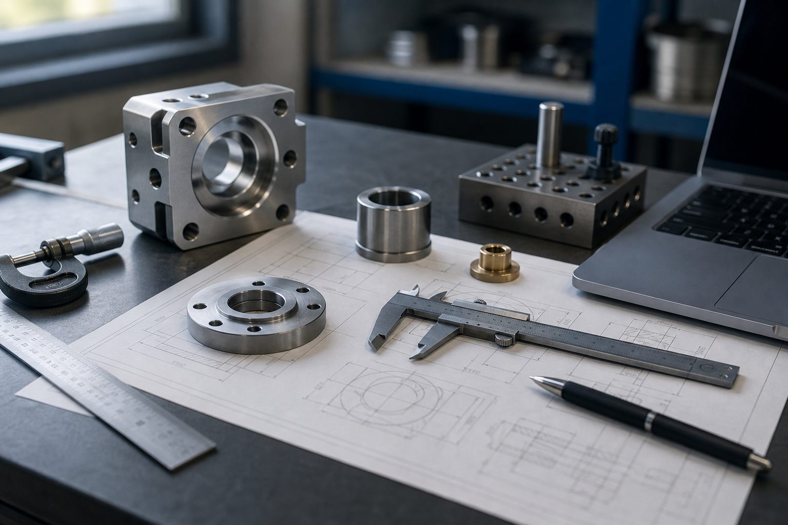 Metalen maatwerkonderdelen, tekeningen en meetgereedschap op een werkbank