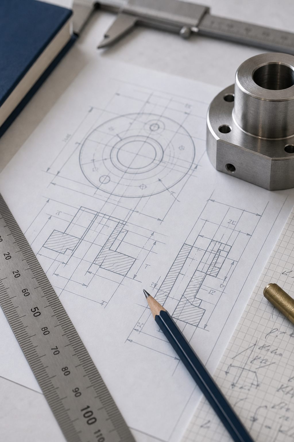 Technische tekening met maatvoering, metalen onderdeel, liniaal en potlood